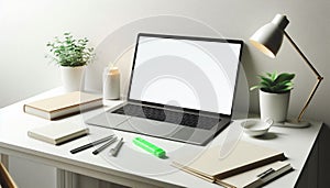 Laptop mockup with blank screen on white table, landscape.