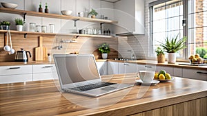 Laptop in Modern Kitchen Wood Counter, Grey Laptop, Bright Interior