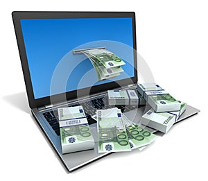 Laptop and money bills 3d illustration