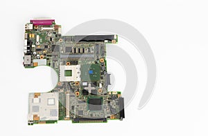 Laptop mother board with empty socket for CPU a integrated graphics card on white background