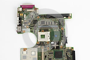 Laptop mother board with empty socket for CPU a integrated graphics card on white background