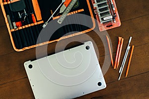 laptop motherboard. repairing broken laptop notebook computer. Electronic repair shop, technology renovation