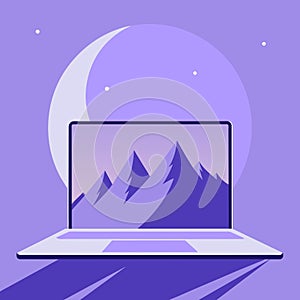 Laptop with mountains and crescent.