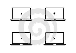 Laptop with mouse cursor icon. Computer screen showing pointer and click action