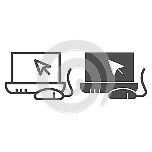 Laptop and mouse line and solid icon. Notebook monitor with cursor and mouse. Computer science vector design concept