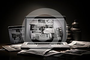 Laptop and newspaper on a wooden table. Black and white, laptop and newspapers on black and white background, business still life