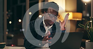 Laptop, night and overtime with business black man in office for problem solving or review. Computer, deadline and