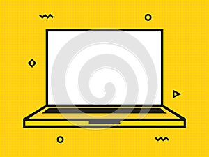 Laptop or notebook computer icon. Vintage retro typography with offset printing effect. Dots poster with comics pop art background