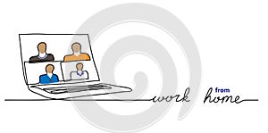 Laptop, notebook, computer with people, online conference, videocall. Work from home vector background. Simple vector