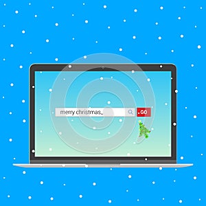 Laptop notebook device with search bar with text Merry christmas and button go with christmas tree arrow  cursor pointer.