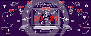 Laptop, notebook with Merry Christmas and 2021 Happy New Year Vector facebook cover
