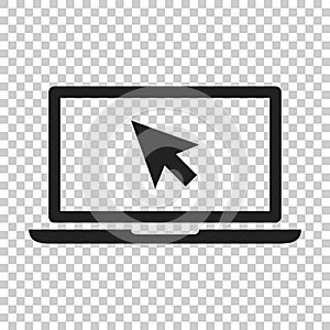 Laptop notebook with mouse cursor vector icon in flat style. Lap