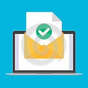 Laptop, notebook or netbook device with open envelope document paper sheet page check mark tick, no text icon sign vector illustr