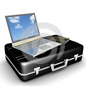 Laptop and notepad on black case