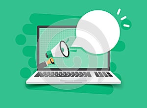 Laptop notification icon in flat style. Computer vector illustration on isolated background. Megaphone reminder sign business