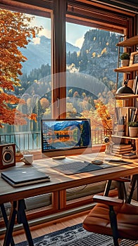 Laptop in office, lake view, light indigo and light amber style, vibrant colors of nature, rich and immersive, sun-drenched colors