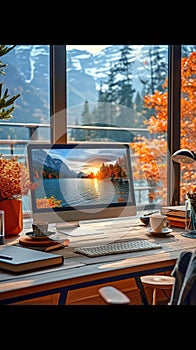 Laptop in office, lake view, light indigo and light amber style, vibrant colors of nature, rich and immersive, sun-drenched colors