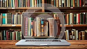 The Laptop and Old Books.AI generated image