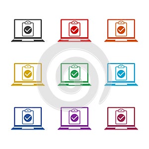 Laptop with Online Form Survey icon isolated on white background. Set icons colorful