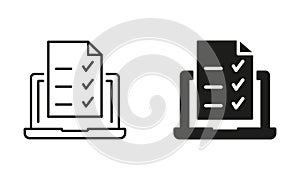 Laptop with Online Form Survey Silhouette and Line Icon Set. Online Exam, Taking Tests, Questionnaires, Checklist on