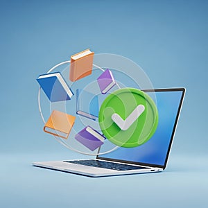 Laptop with Online Learning Concept Featuring Books and Checkmark computer education
