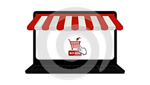 Laptop Online Shop Symbols - Awning, Shopping Cart And Mouse Pointer - Vector Illustration - Isolated On White Background