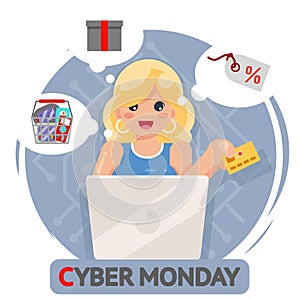 Laptop online shopping cute girl credit card cyber monday sale design vector illustration