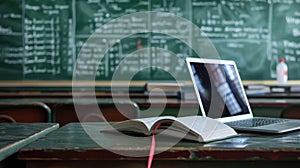 The laptop and open book. AI generated