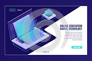 Laptop with open book, learning online education concept, electron library, information searching isometric