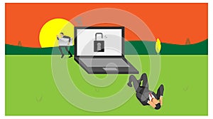 Laptop owner dizzy because the security of his laptop has been burglarized by other people. illustration of laptop security that