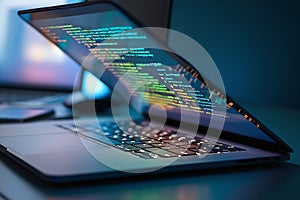 Laptop Screen with Colorful Code: Software Development and Programming in Dark Environment