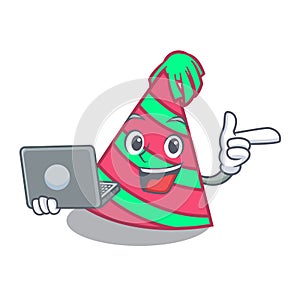 With laptop party hat character cartoon