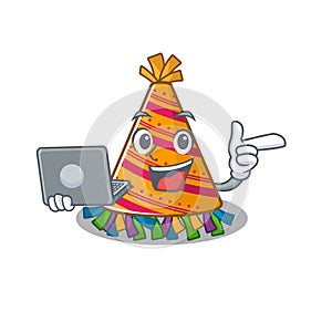 With laptop party hat character isolated in cartoon