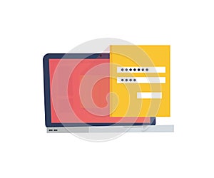 Laptop with password and Login form. Username, password fields, sign in button. vector illustration