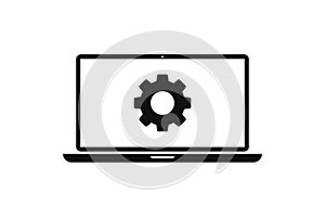 Laptop or pc with gear settings isolated vector icon. Construction concept. Internet technology icon sign or symbol. Technology