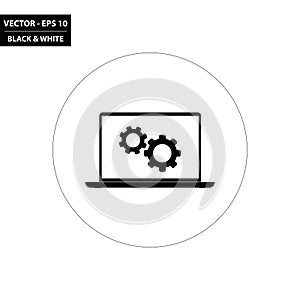 Laptop PC and gears black and white flat icon