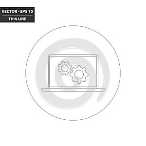 Laptop PC and gears thin line flat icon