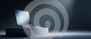 A laptop on a pedestal with the play button displayed on its screen, in front of a spotlighted background