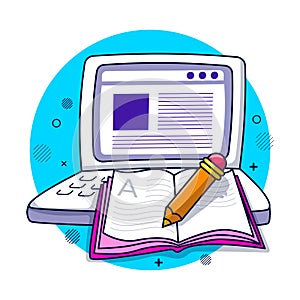 Laptop with pencil and book, educational hand drawn cartoon illustration
