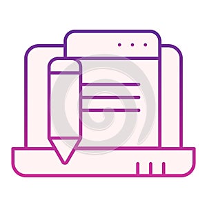 Laptop with pencil flat icon. Digital electronic signature violet icons in trendy flat style. Compuer document and