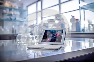 A laptop in a pharmacological laboratory. Development of the latest medicines