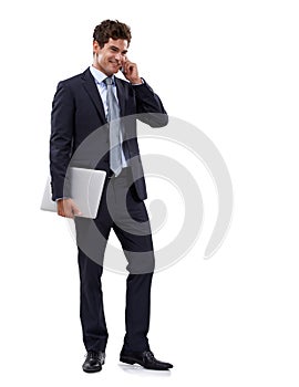 Laptop, phone call and business man in studio for consulting, advice or client feedback on white background. Smartphone