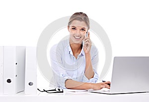 Laptop, phone call and portrait of woman in studio for appointment information at secretary desk. Communication, smile