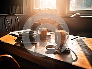 Laptop phone coffee with sunlight on desk