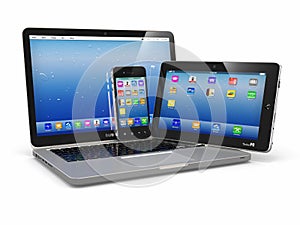 Laptop, phone and tablet pc. Electronic devices