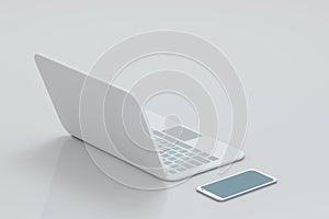 Laptop and phone with white background, technological concept, 3d rendering