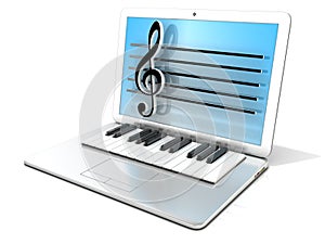 Laptop with piano keyboard. Concept of computer, digitally generated music