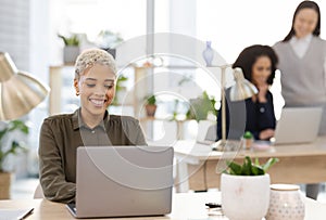 Laptop, planning and black woman in office startup with company workflow and editing online business proposal. Computer