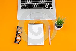 Laptop, plant, notepad and glasses