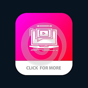 Laptop, Player, Screen, Tutorial, Video Mobile App Button. Android and IOS Glyph Version